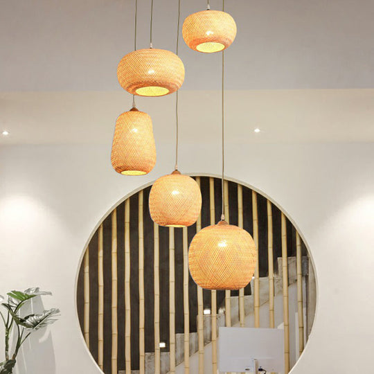 Asia 1-Light Beige Bamboo Pendant Light Fixture For Restaurants