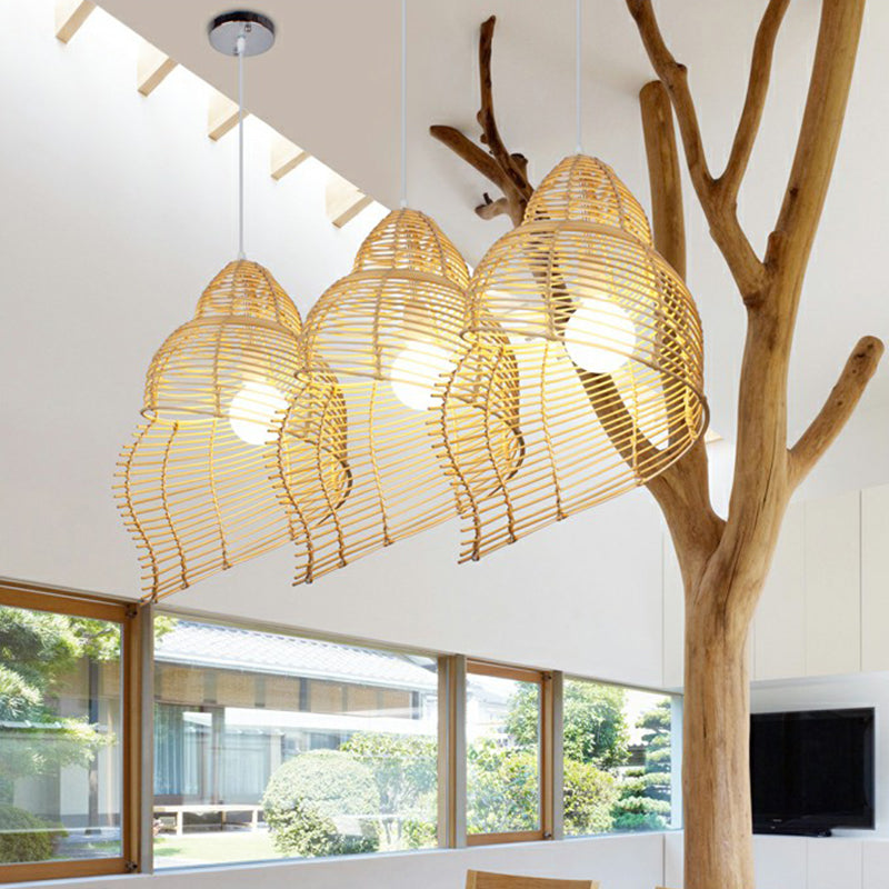 Wooden Rattan Asian Ceiling Pendant Light - Spiral Shell Design For Dining Room