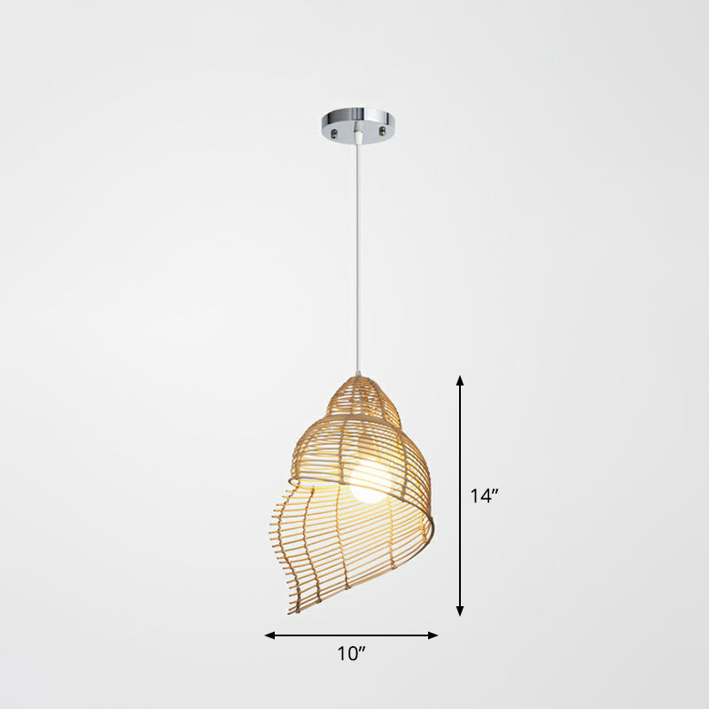 Wooden Rattan Asian Ceiling Pendant Light - Spiral Shell Design For Dining Room