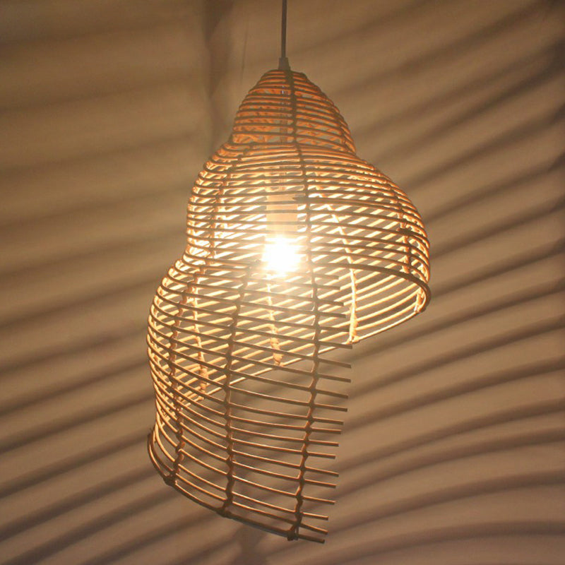 Wooden Rattan Asian Ceiling Pendant Light - Spiral Shell Design For Dining Room