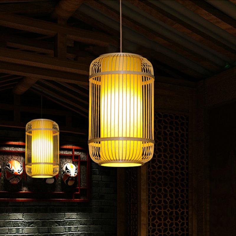 Bamboo Cage Suspension Pendant Light - Modern Wood Shade Perfect For Balcony