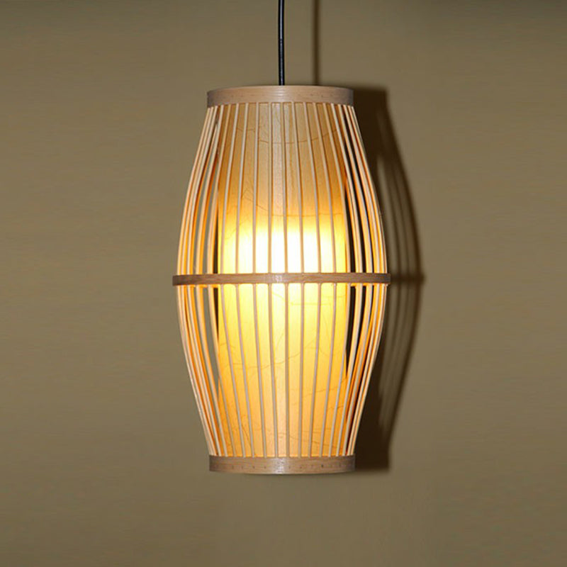 Bamboo Pendant Light with Modern Cage Shade for Balcony - Wood Suspension Lighting with 1 Bulb