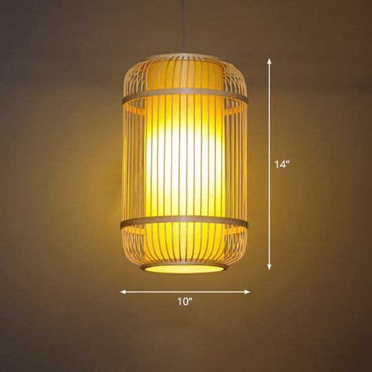 Bamboo Pendant Light with Modern Cage Shade for Balcony - Wood Suspension Lighting with 1 Bulb