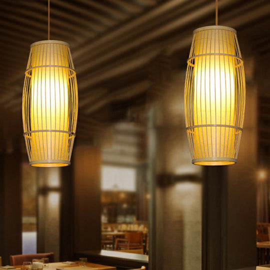 Bamboo Pendant Light with Modern Cage Shade for Balcony - Wood Suspension Lighting with 1 Bulb