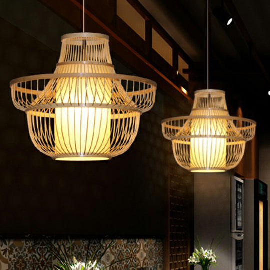 Bamboo Pendant Light with Modern Cage Shade for Balcony - Wood Suspension Lighting with 1 Bulb