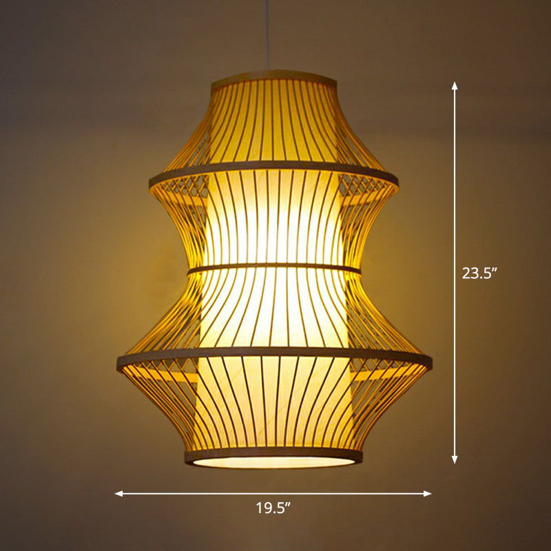 Bamboo Pendant Light with Modern Cage Shade for Balcony - Wood Suspension Lighting with 1 Bulb