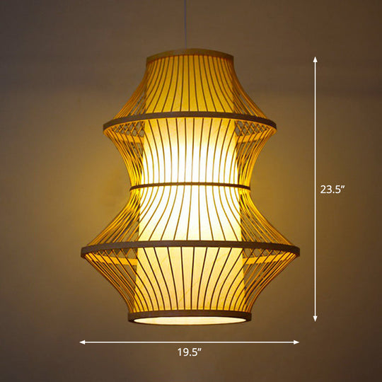 Bamboo Pendant Light with Modern Cage Shade for Balcony - Wood Suspension Lighting with 1 Bulb