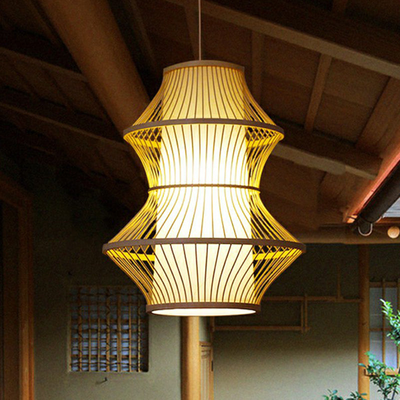 Bamboo Pendant Light with Modern Cage Shade for Balcony - Wood Suspension Lighting with 1 Bulb