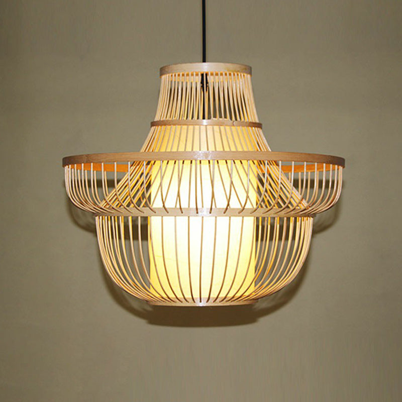 Bamboo Pendant Light with Modern Cage Shade for Balcony - Wood Suspension Lighting with 1 Bulb