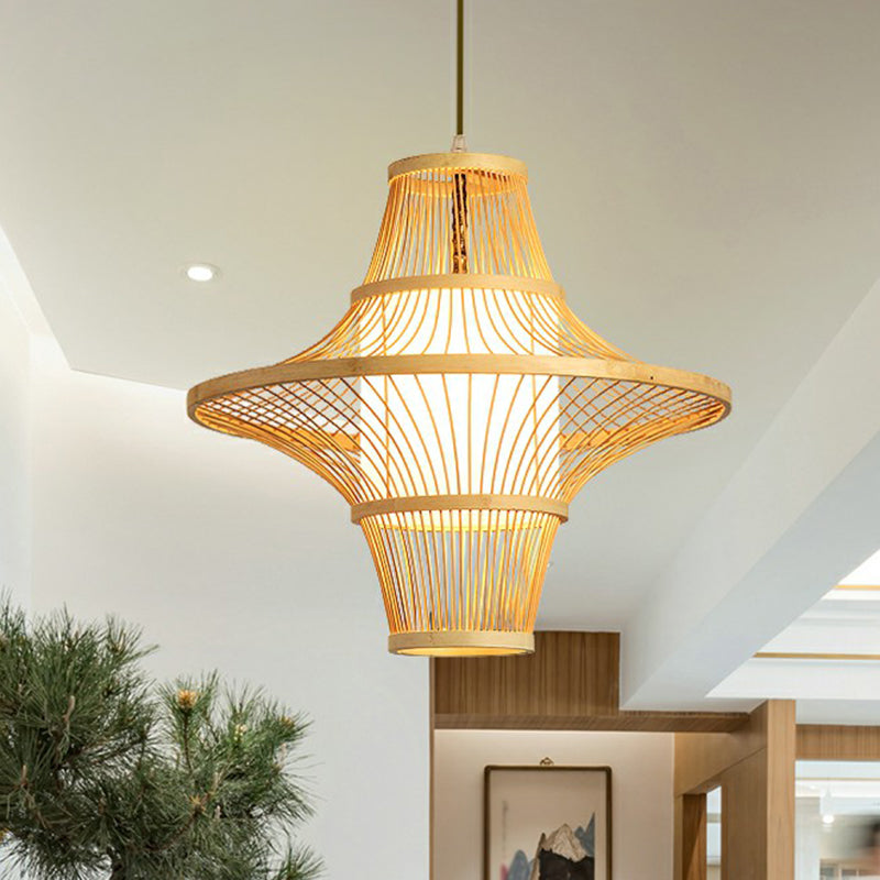 Modern Symmetric Bamboo Pendant Lamp - 1-Light Wood Pendulum For Restaurants