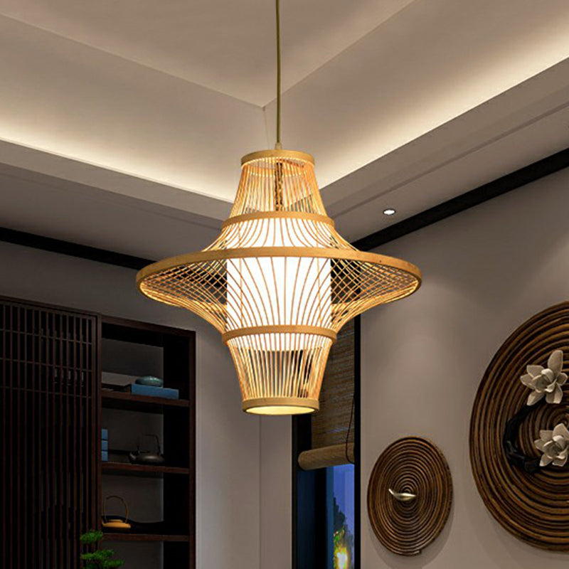 Modern Symmetric Bamboo Pendant Lamp - 1-Light Wood Pendulum For Restaurants