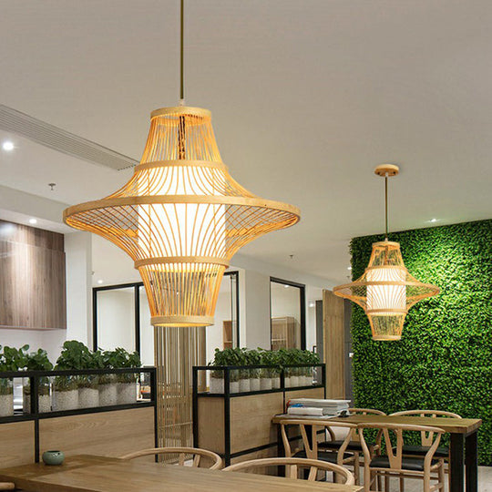 Modern Symmetric Bamboo Pendant Lamp - 1-Light Wood Pendulum For Restaurants