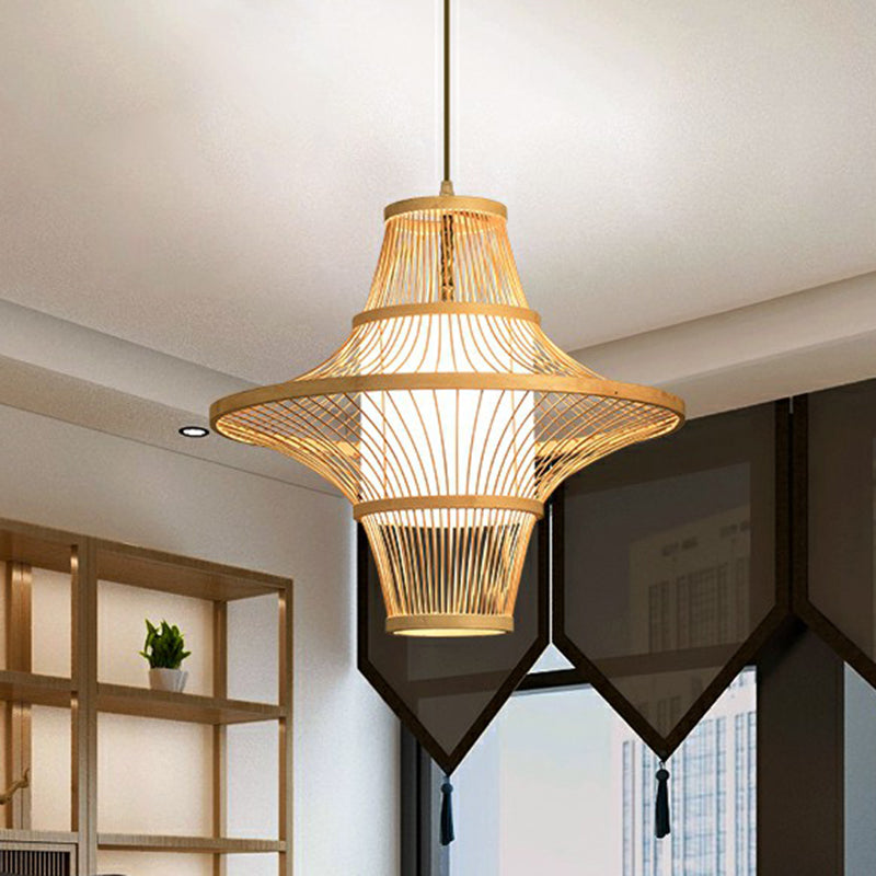 Modern Symmetric Bamboo Pendant Lamp - 1-Light Wood Pendulum For Restaurants