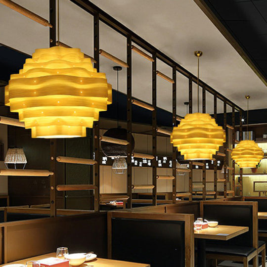 Wavy Wood Veneer Pendant Light Kit For Restaurants With Modern Style And 1 Bulb