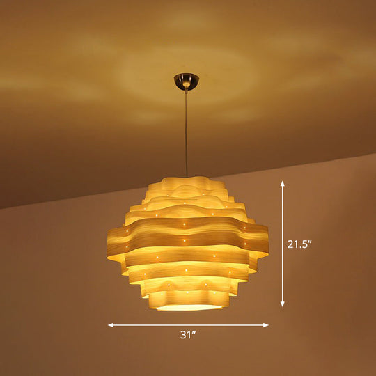 Wavy Wood Veneer Pendant Light Kit For Restaurants With Modern Style And 1 Bulb