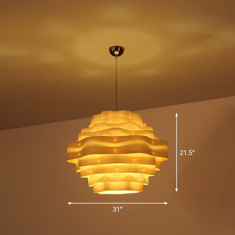 Wavy Wood Veneer Pendant Light Kit For Restaurants With Modern Style And 1 Bulb Brown / Large