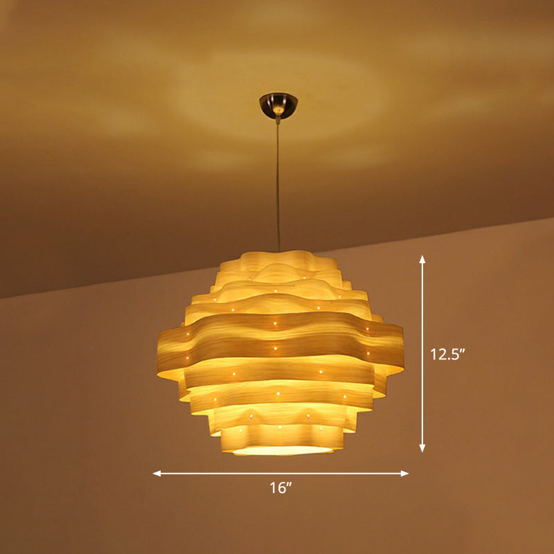 Wavy Wood Veneer Pendant Light Kit For Restaurants With Modern Style And 1 Bulb