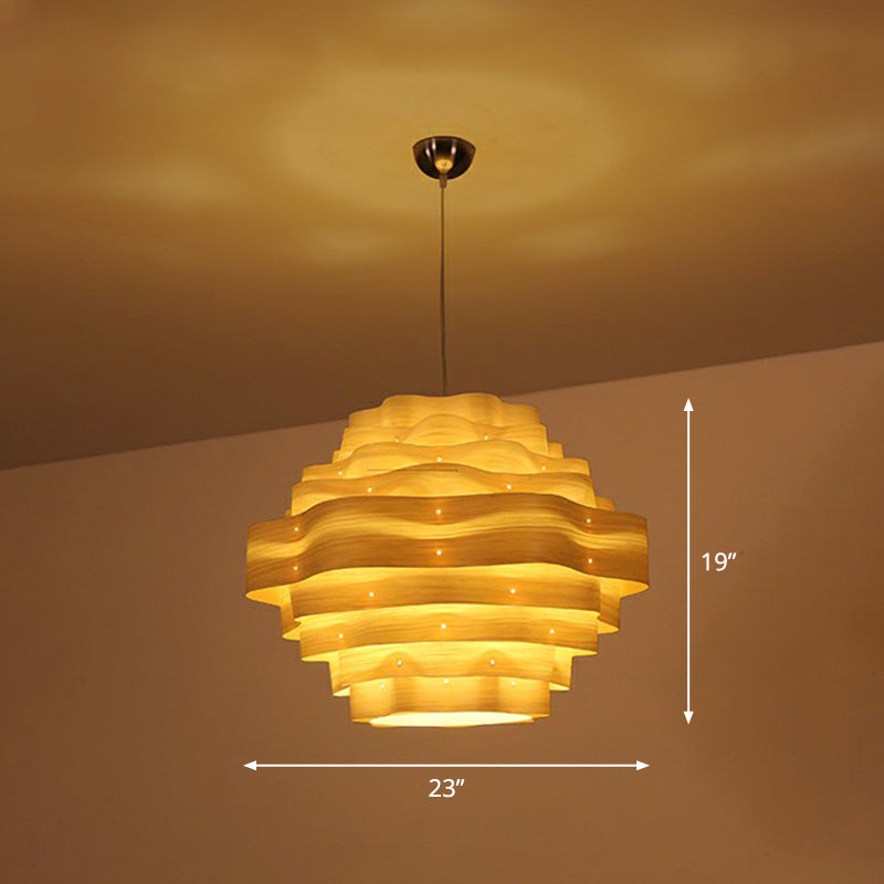 Wavy Wood Veneer Pendant Light Kit For Restaurants With Modern Style And 1 Bulb