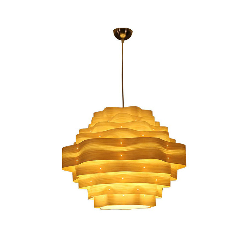 Wavy Wood Veneer Pendant Light Kit For Restaurants With Modern Style And 1 Bulb