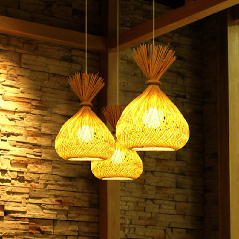 Bamboo Pendant Light- Onion Shaped Single-Bulb Asian Hanging Lamp For Dining Room In Beige