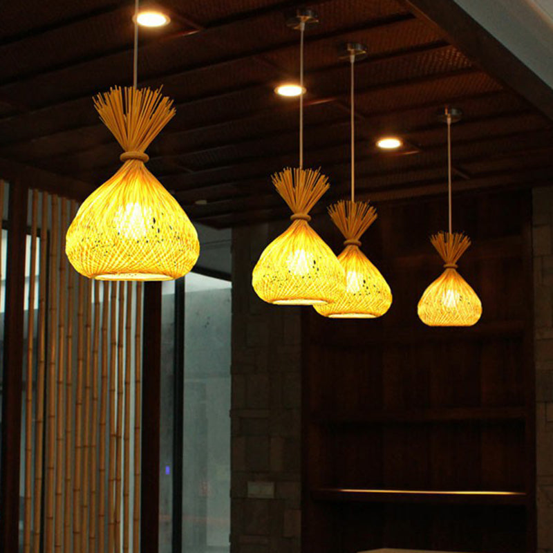 Bamboo Pendant Light- Onion Shaped Single-Bulb Asian Hanging Lamp For Dining Room In Beige