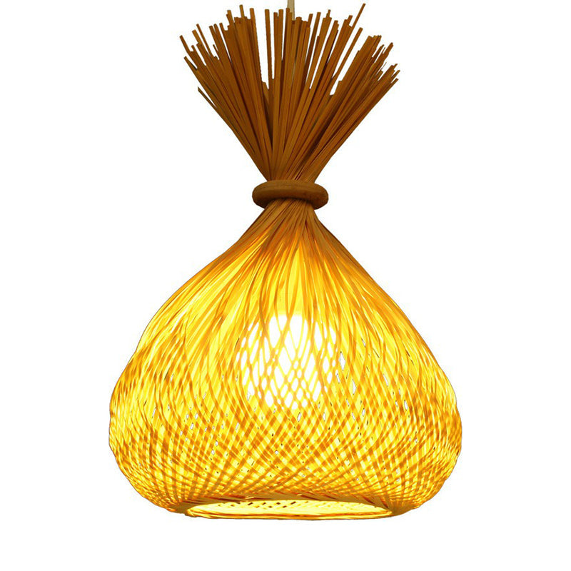 Bamboo Pendant Light- Onion Shaped Single-Bulb Asian Hanging Lamp For Dining Room In Beige