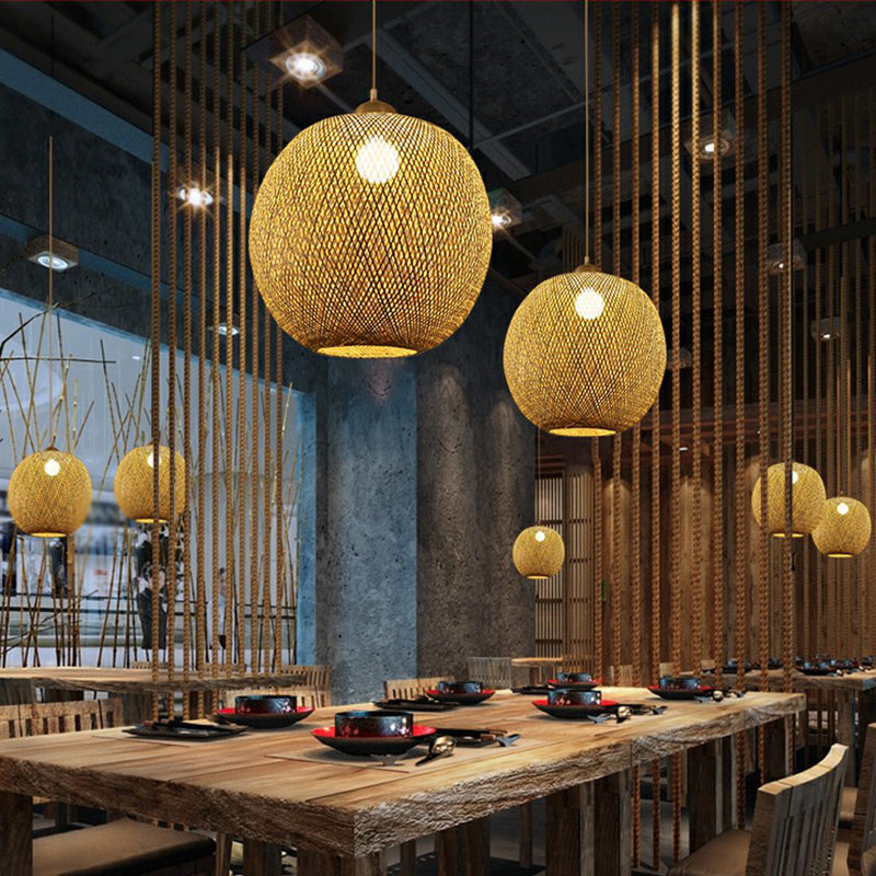 Spherical Bamboo Pendant Light - Beige | Single Asia-Inspired Hanging Fixture For Restaurants