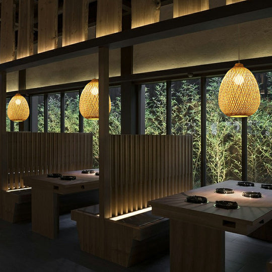 Spherical Bamboo Pendant Light - Beige | Single Asia-Inspired Hanging Fixture For Restaurants