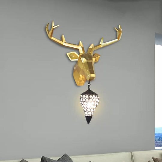 Country Deer Resin Wall Lamp With Crystal Shade - Black/Gold 1 Light Sconce Fixture Gold