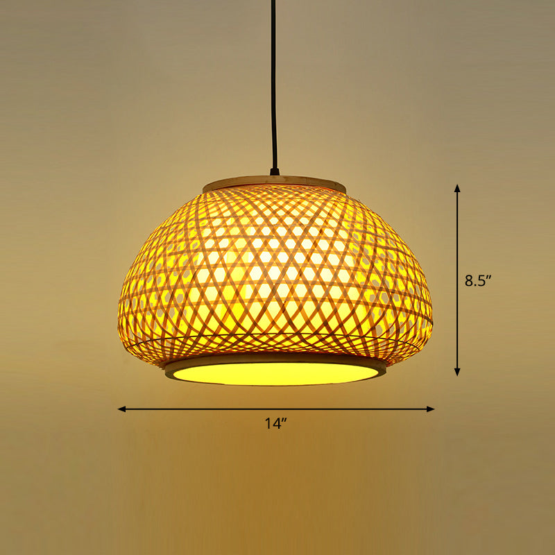 Asian Bamboo Round Ceiling Hanging Lantern - 1-Light Beige Pendant Light For Suspension