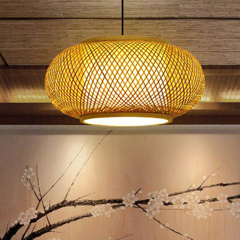 Asian Bamboo Round Ceiling Hanging Lantern - 1-Light Beige Pendant Light For Suspension