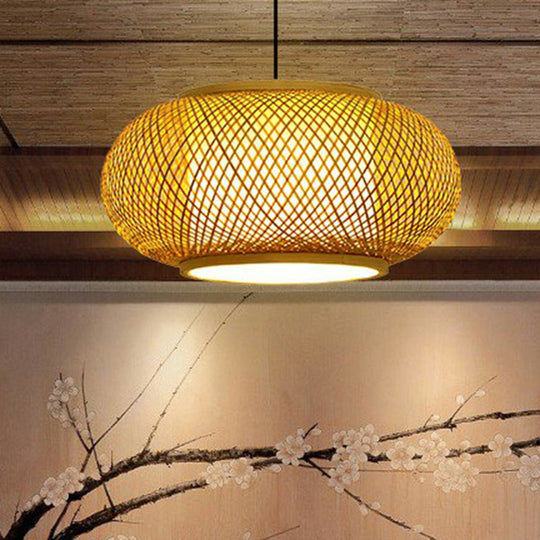 Asian Bamboo Round Ceiling Hanging Lantern - 1-Light Beige Pendant Light For Suspension