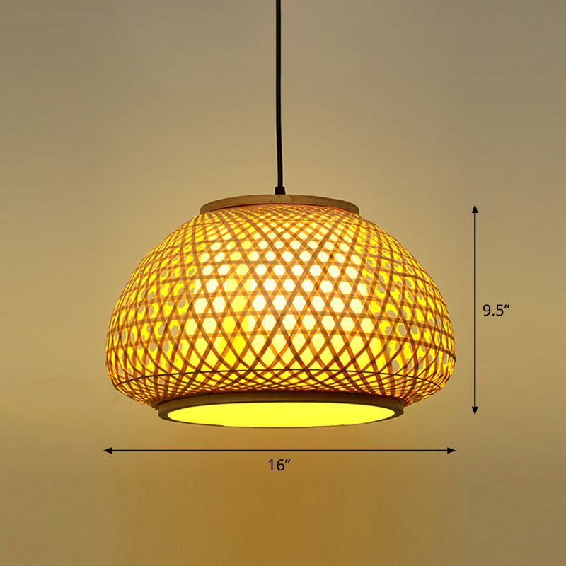 Asian Bamboo Round Ceiling Hanging Lantern - 1-Light Beige Pendant Light For Suspension / Medium