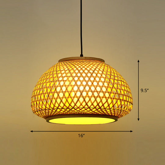 Asian Bamboo Round Ceiling Hanging Lantern - 1-Light Beige Pendant Light For Suspension / Medium