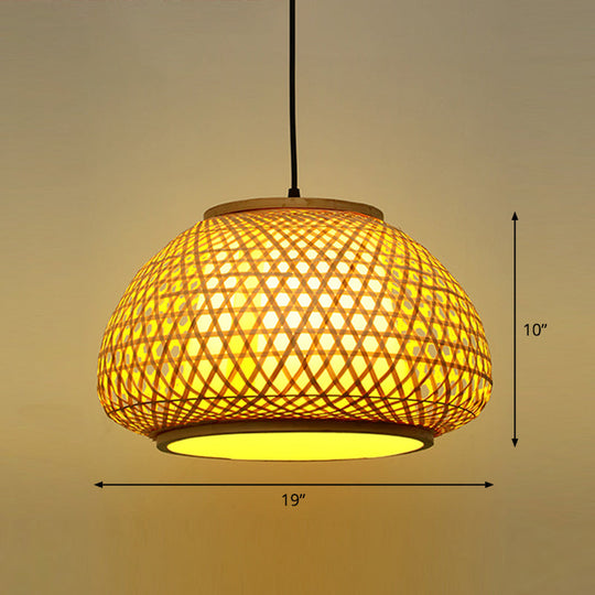 Asian Bamboo Round Ceiling Hanging Lantern - 1-Light Beige Pendant Light For Suspension