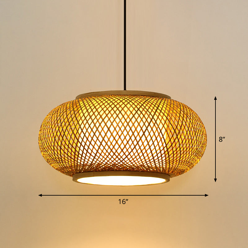 Asian Bamboo Round Ceiling Hanging Lantern - 1-Light Beige Pendant Light For Suspension