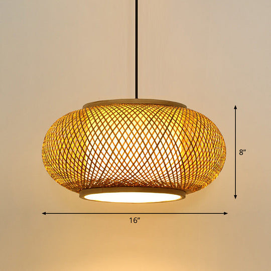 Asian Bamboo Round Ceiling Hanging Lantern - 1-Light Beige Pendant Light For Suspension / Small