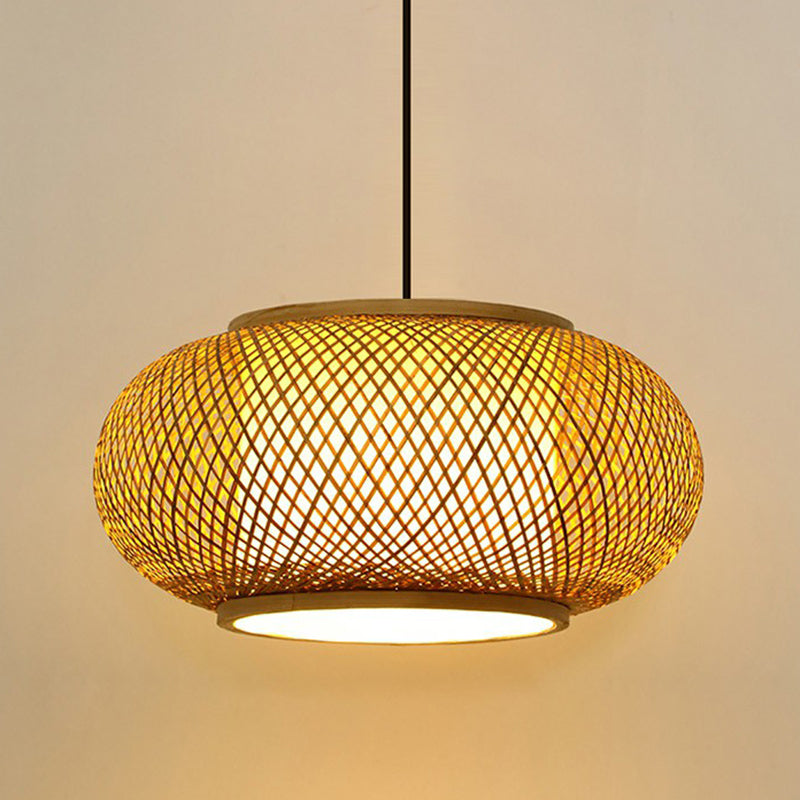 Asian Bamboo Round Ceiling Hanging Lantern - 1-Light Beige Pendant Light For Suspension