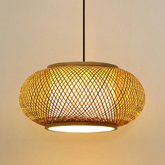 Asian Bamboo Round Ceiling Hanging Lantern - 1-Light Beige Pendant Light For Suspension