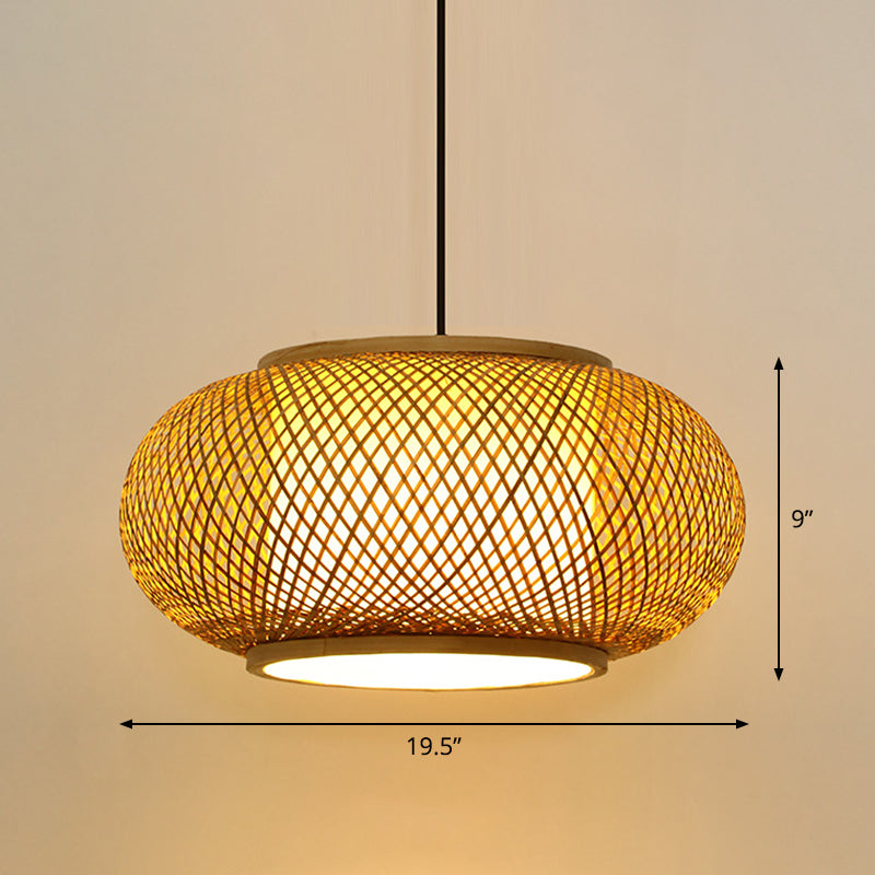 Asian Bamboo Round Ceiling Hanging Lantern - 1-Light Beige Pendant Light For Suspension