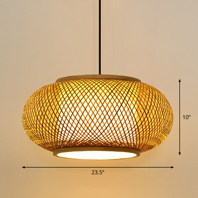 Asian Bamboo Round Ceiling Hanging Lantern - 1-Light Beige Pendant Light For Suspension