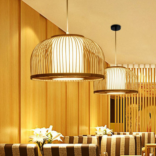 Minimalist Wood Pendant Light With Bamboo Shade - Restaurant Hanging Lighting