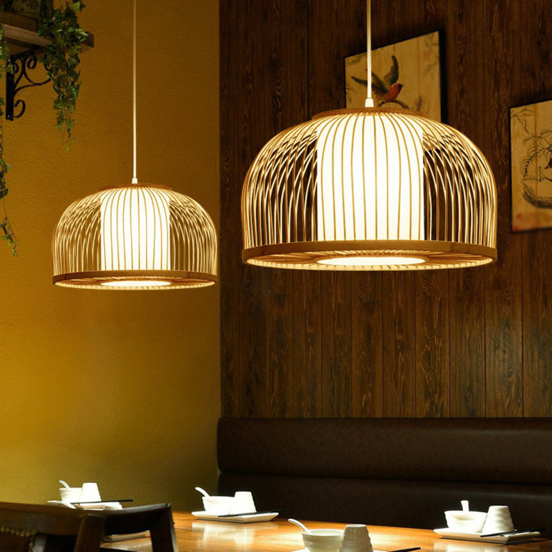 Minimalist Wood Pendant Light With Bamboo Shade - Restaurant Hanging Lighting