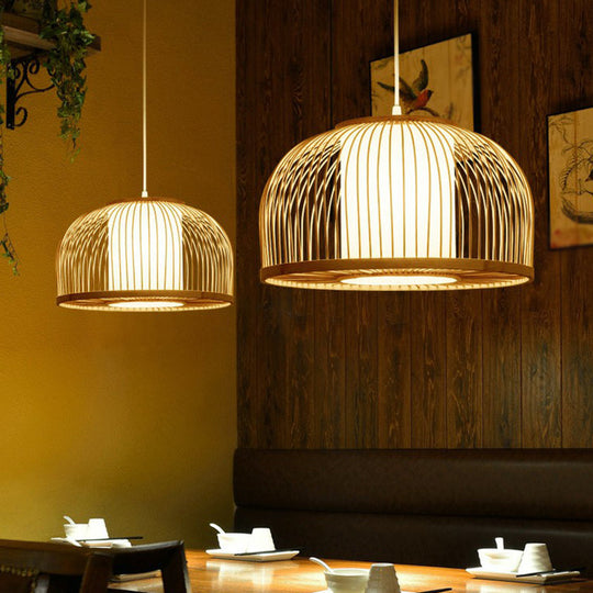 Minimalist Wood Pendant Light With Bamboo Shade - Restaurant Hanging Lighting