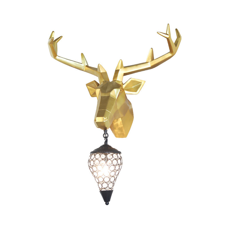 Country Deer Resin Wall Lamp With Crystal Shade - Black/Gold 1 Light Sconce Fixture