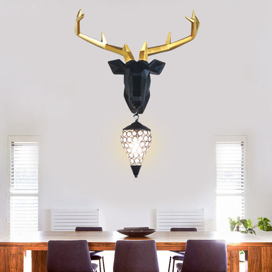 Country Deer Resin Wall Lamp With Crystal Shade - Black/Gold 1 Light Sconce Fixture Black