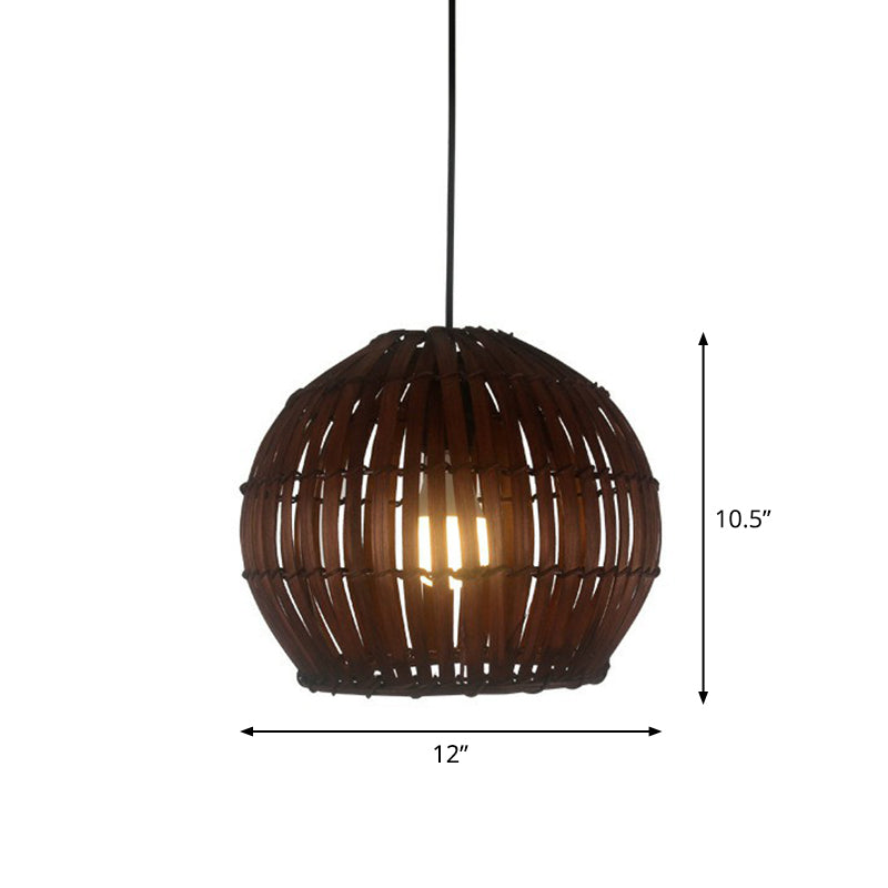 Contemporary Bamboo Cage Hanging Lamp With Coffee Finish And Single Bulb Suspension / Globe