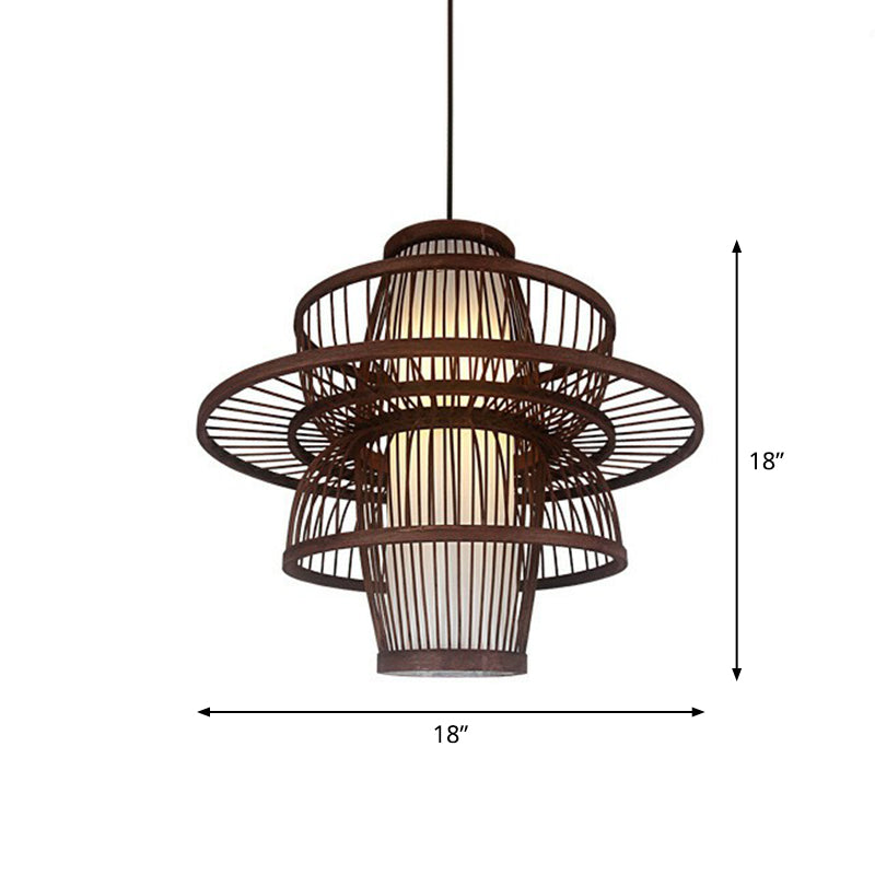 Contemporary Bamboo Cage Hanging Lamp With Coffee Finish And Single Bulb Suspension