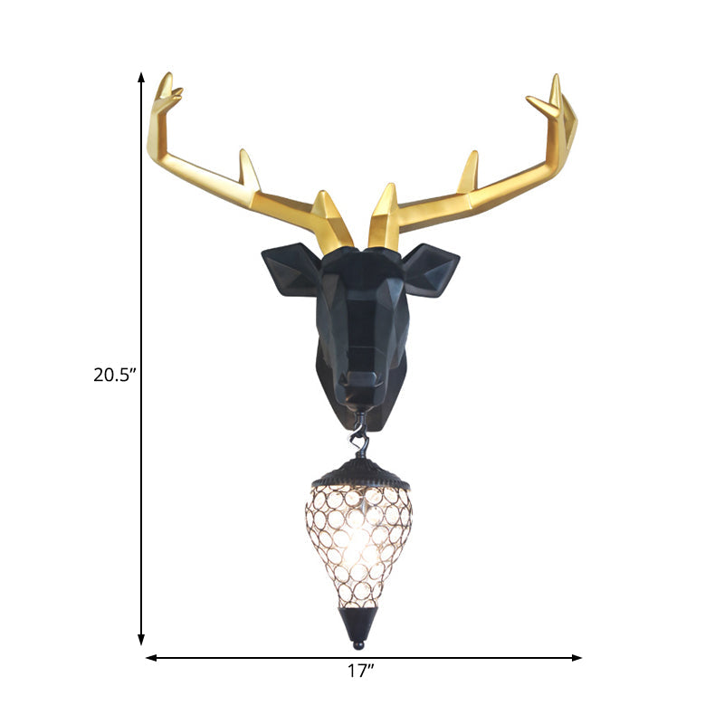 Country Deer Resin Wall Lamp With Crystal Shade - Black/Gold 1 Light Sconce Fixture