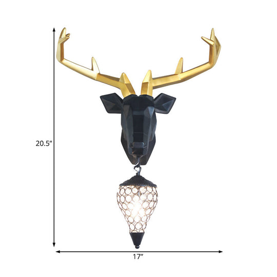 Country Deer Resin Wall Lamp With Crystal Shade - Black/Gold 1 Light Sconce Fixture